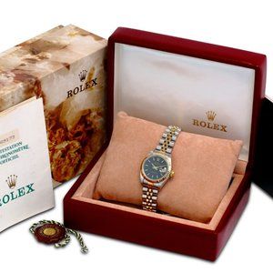 ROLEX LADY DATEJUST 69173 BLACK DIAL 18KY FLUTED BEZEL 26MM WATCH-BOX & PAPERS